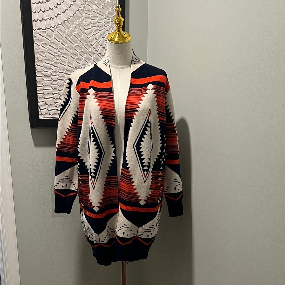 Open-Front Aztec-Print Cardigan Sweater - Navy, Red & Cream